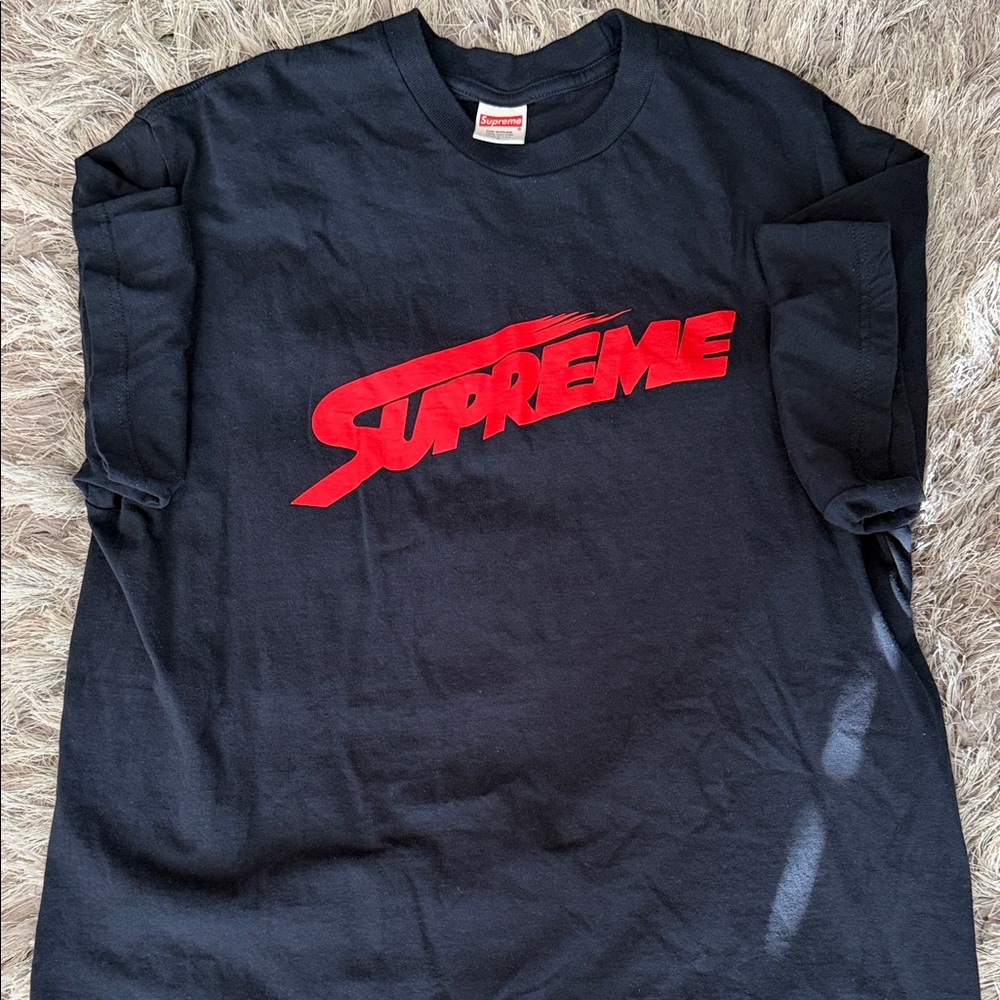 Supreme Navy Short Sleeve Tee with Red Script Logo